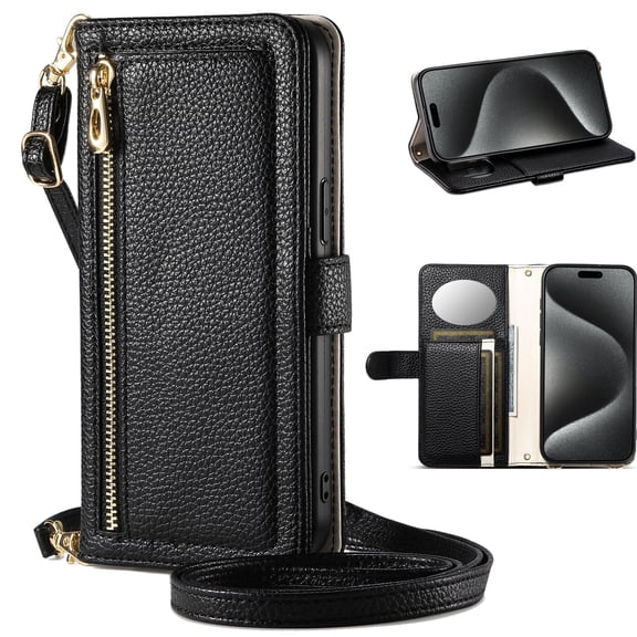 ELEHOLD Shockproof Leather Makeup Mirror Zipper Flip Wallet Case With Crossbody/Wrist Strap For Google Pixel 10 /10 Pro , Black