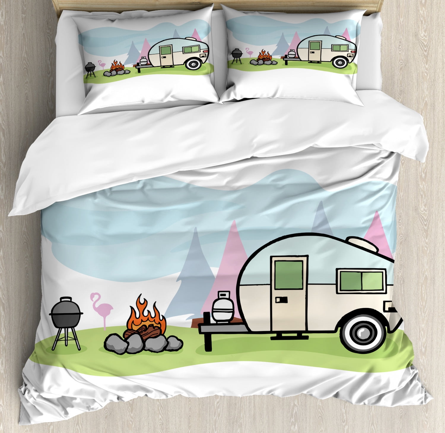 Travel Duvet Cover Set Queen Size, Cartoon Style Design of a Camping