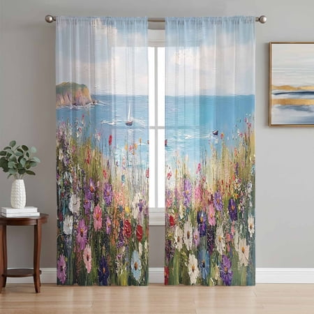 Seaside Wildflowers Sheer Curtains 72 Inch Length 2 Panels Set Spring Floral Painted Landscape Voile Window Treatment Rod Pocket Curtains Sheers Drapes for Bedroom/Living Room/Kitchen 52 x72 x2