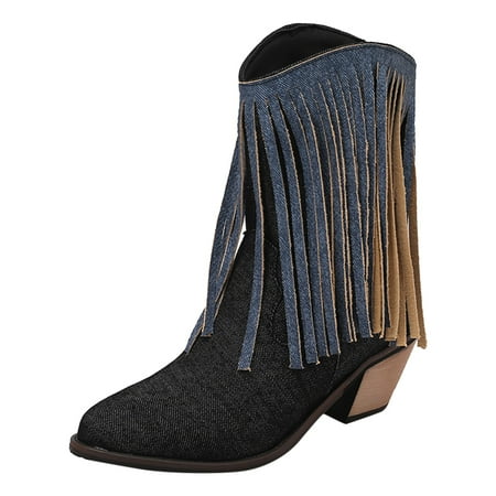 

PMUYBHF Women Mid Calf Boots Fashionable New Pattern Simple Solid Color Tassel Decoration Pointed Thick Heels Comfortable 49.98