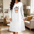 thumbnail image 2 of Edvintorg Pajama Dress for Women Long Sleeve Crew Neck Casual Nightgown Halloween Printed Sleep Dress Plus Size Women's Clothes White S, 2 of 6