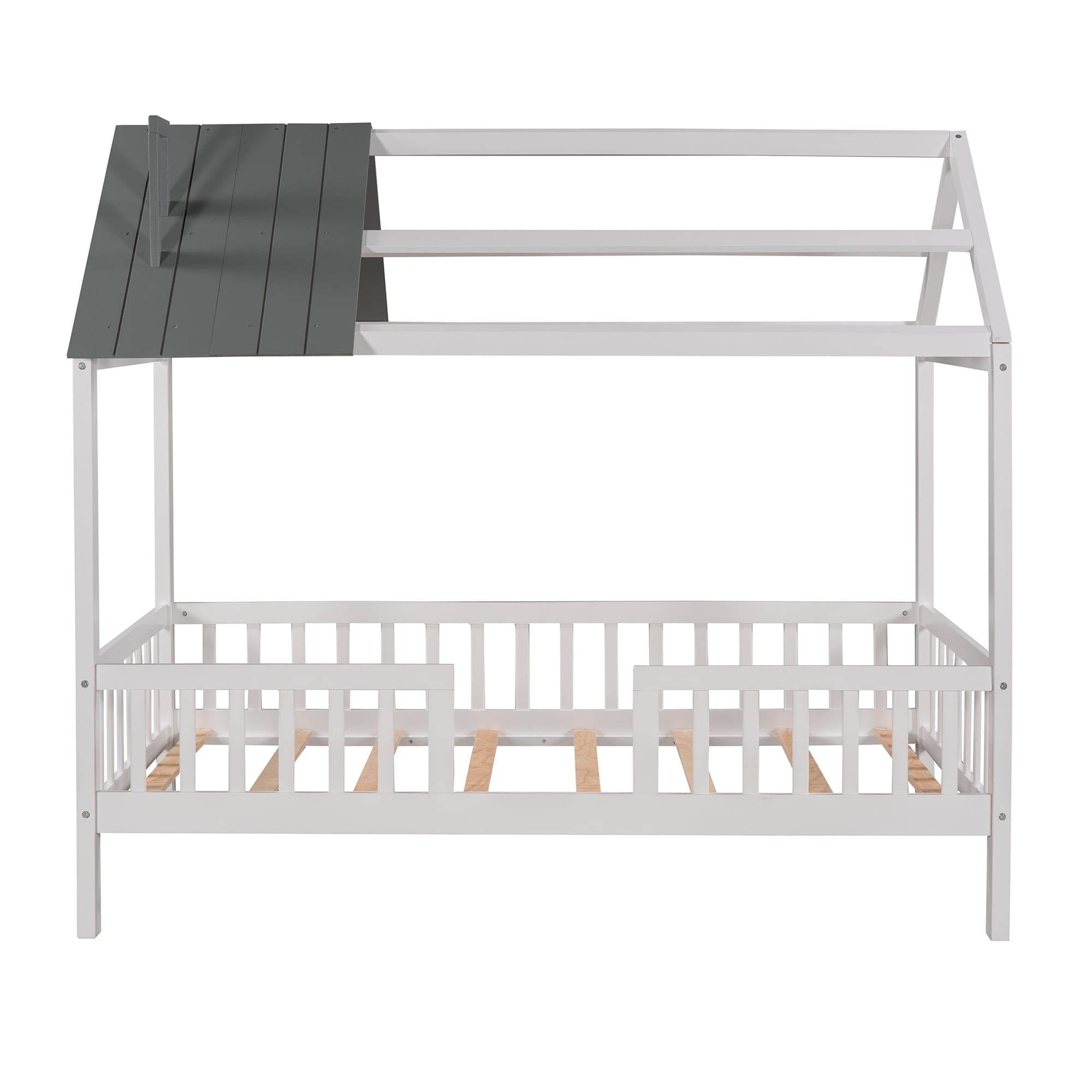 Bellemave Twin House Bed, Twin Size Wood Bed Frame with Roof and Fence, Montessori Beds Frame with Slats, No Box Spring Needed (White+Gray)