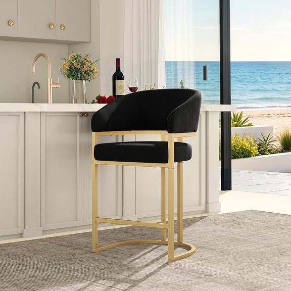 Neatifyes26" H Modern Counter Height Bar Stools,Velvet Upholstered Barrel Barstools with Arms,Kitchen Island Chairs,Gold Metal Base,Support 480 LBS,Black Velvet