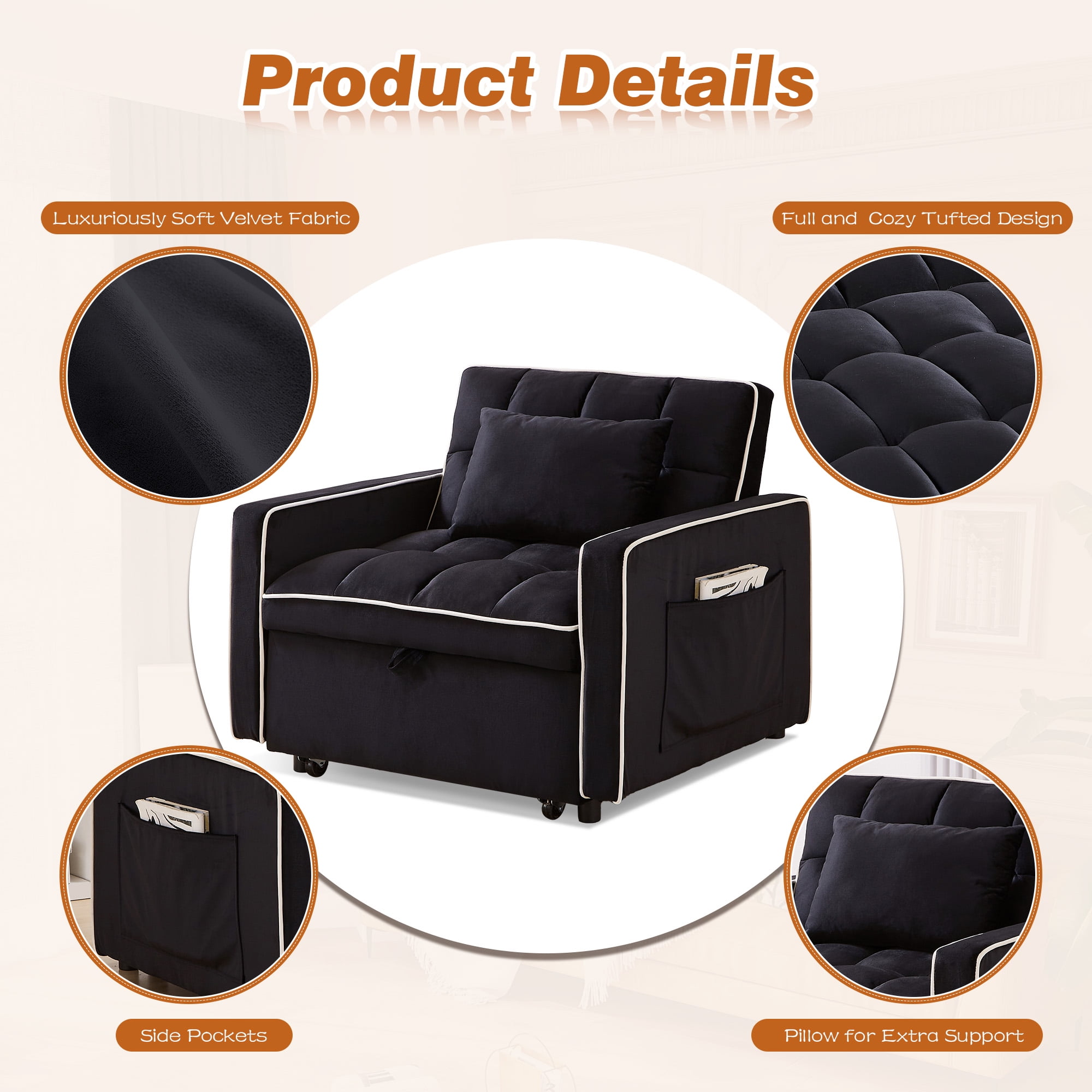 Dinosisco 4-in-1 Convertible Chair Bed, Sleeper Chair Lounge Chair Indoor, Modern Single Pull Out Couch for Living Room, Black Velvet