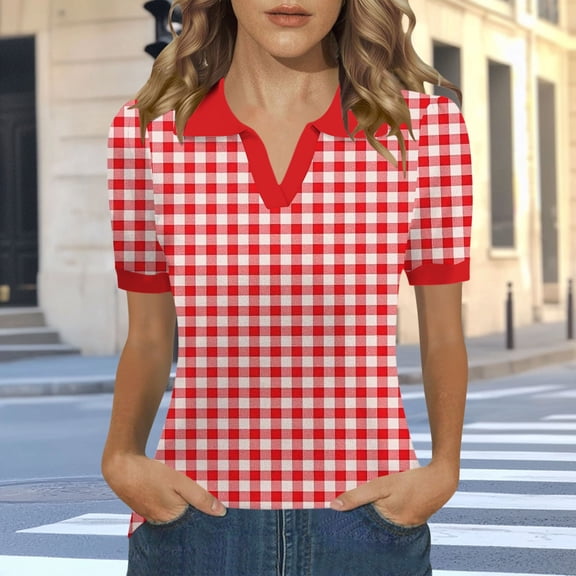 Fengqque Womens Summer Tops Short Sleeve Shirts Check V Neck Tunic Tops Waist-cinching Work Blouses Red-C XL(XL)