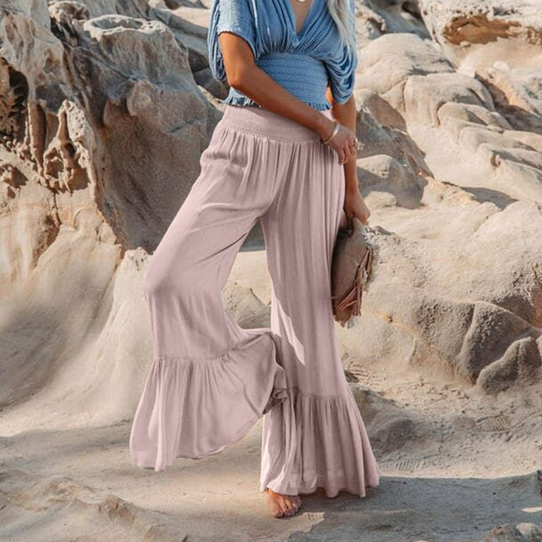 Womens High Waist Beach Boho Ruffle Flare Pants Trousers Casual Flowy Wide  Leg Palazzo Lounge Pants Bell Bottoms Womens Clothes 