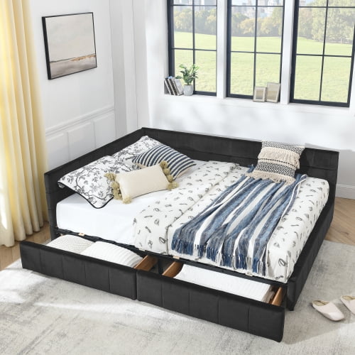 Queen Upholstered Daybed with Storage, Mid-Century Modern Velvet Sofa Bed Frame, Tufted Backrest and Armrests, for Bedroom or Living Room, Black