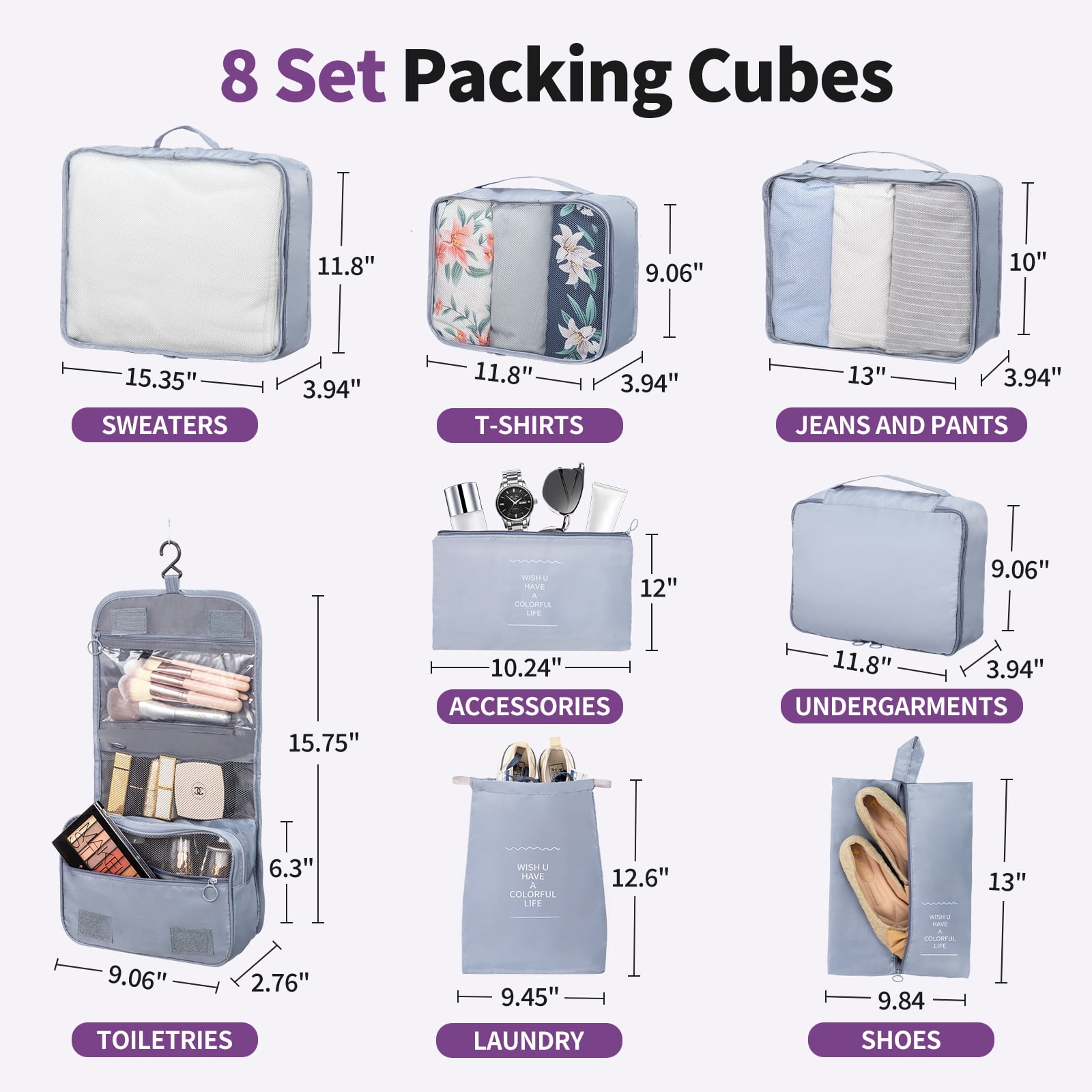 Zimtown 5-Piece Luggage Set with 8 Packing Cubes, Hard Shell Suitcase Set with Spinner Wheels Built-in TSA Lock, Purple