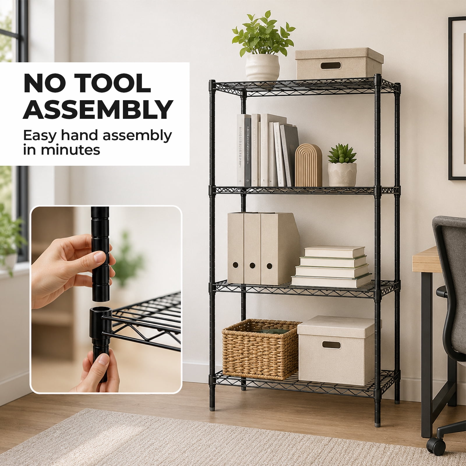 Alvantor 3/4/5-Tier Black Wire Rack 31in/48in/60in Heavy Duty Storage Shelving Adjustable Shelf Unit, Stable Steel Shelving, 200 lbs Capacity Per Shelf