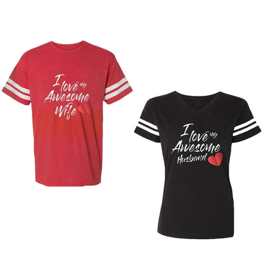 I Love My Awesome Husband Wife Unisex Couple Matching Cotton Jersey style T-Shirt Contrasting stripes on sleeves (Men Red / Women Black) (Men S / Women S)