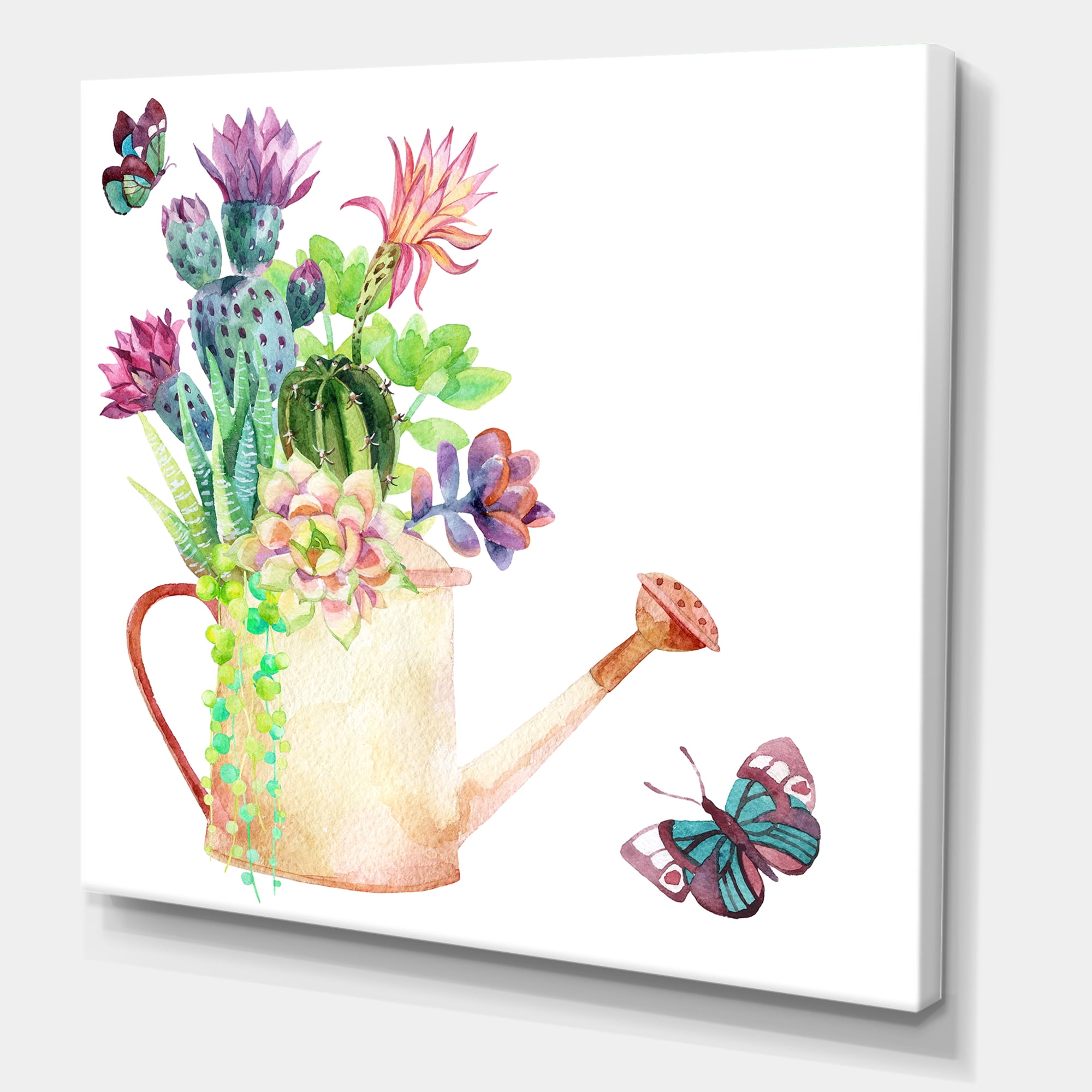 Designart ' Succulents In Old Watering Can With Butterfly ' Farmhouse Canvas Wall Art Print