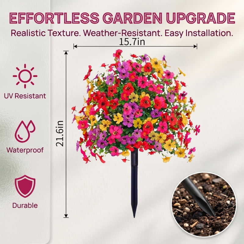 2Pcs Artificial Flowers with Ground Stakes for Outdoors, 22" UV Resistant Fake Flowers for Garden Porch Patio Decoration, No Fade Faux Floral Garden Stakes for Yard Window Box, Mixed Colors
