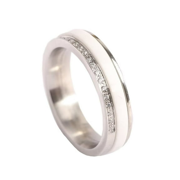 PAURO Women's Stainless Steel Anxiety Rotatable White Ceramic Ring Wedding Promise Cubic Zirconia Band Rings Size 9