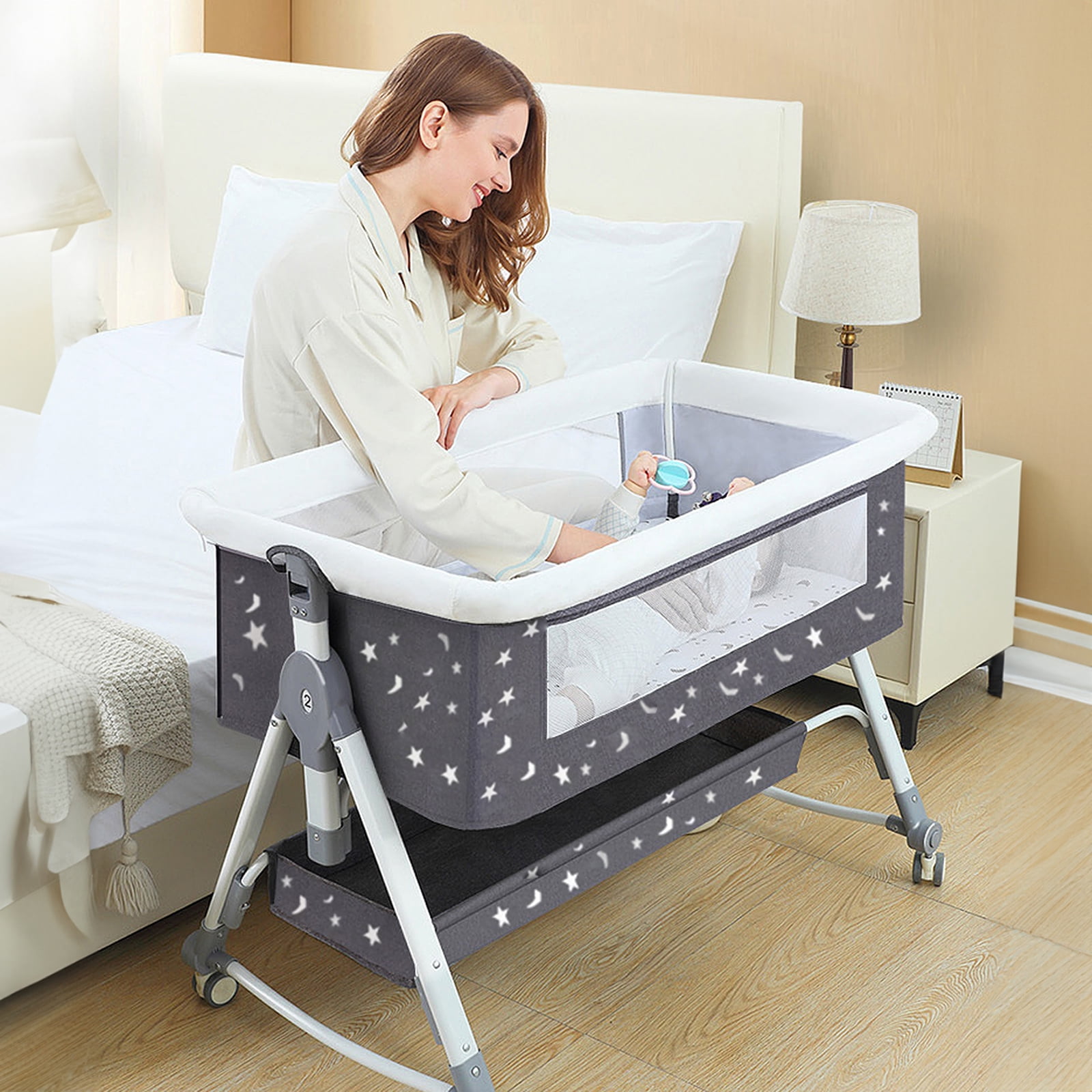HAOUUCYIN Baby Bassinet, 5-in-1 Infant Bedside Crib with Diaper Table, Adjustable Height, for 0-24 Months, Black
