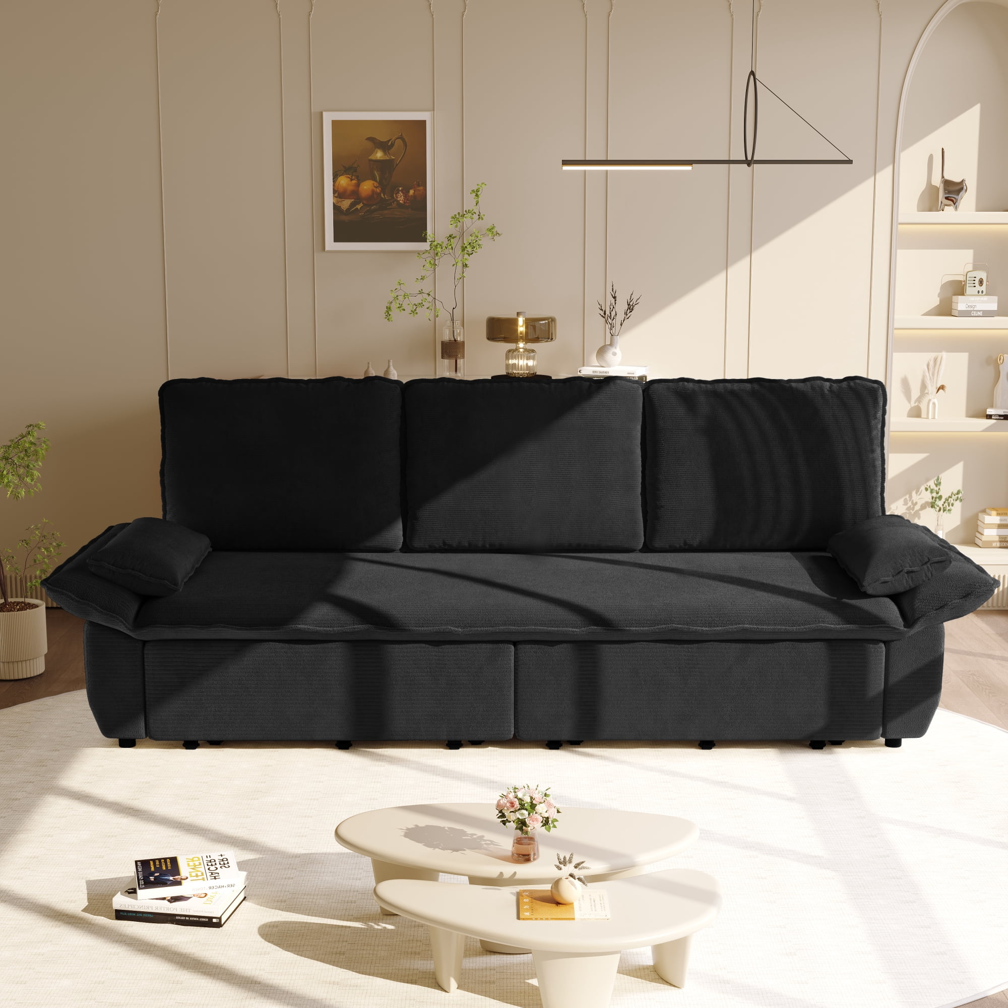 Leumius 94.5" Pull Out Sofa, King Size 3-in-1 Convertible Sleeper Sofa Bed, Multi-Functional Corduroy Bed for Living Room Bedroom Black