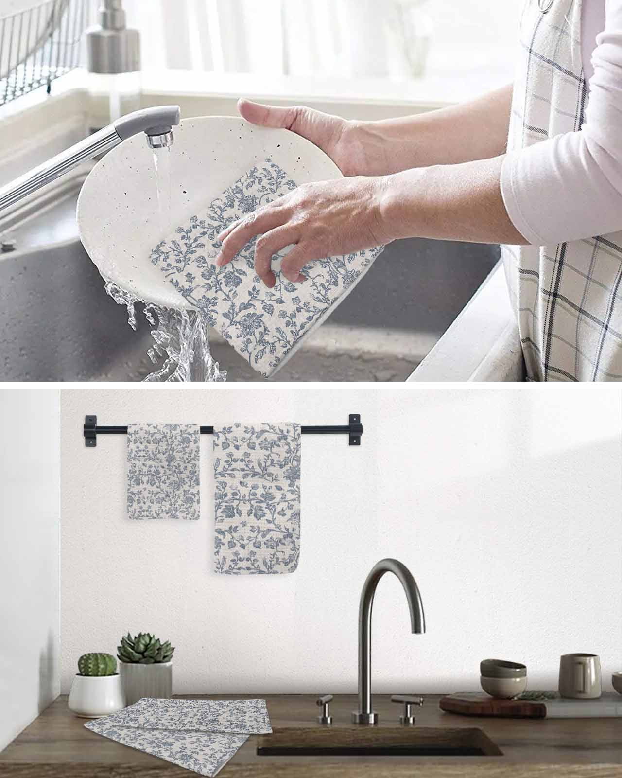 Blue Floral Dish Towels Set, Waffle Weave Kitchen Towels 2 Pieces, Farmhouse Vintage Flower Leaf Botanical Microfiber Hair Face Bath Tea Towel Absorbent Quick Drying Cleaning Dish Cloths 12"x12"