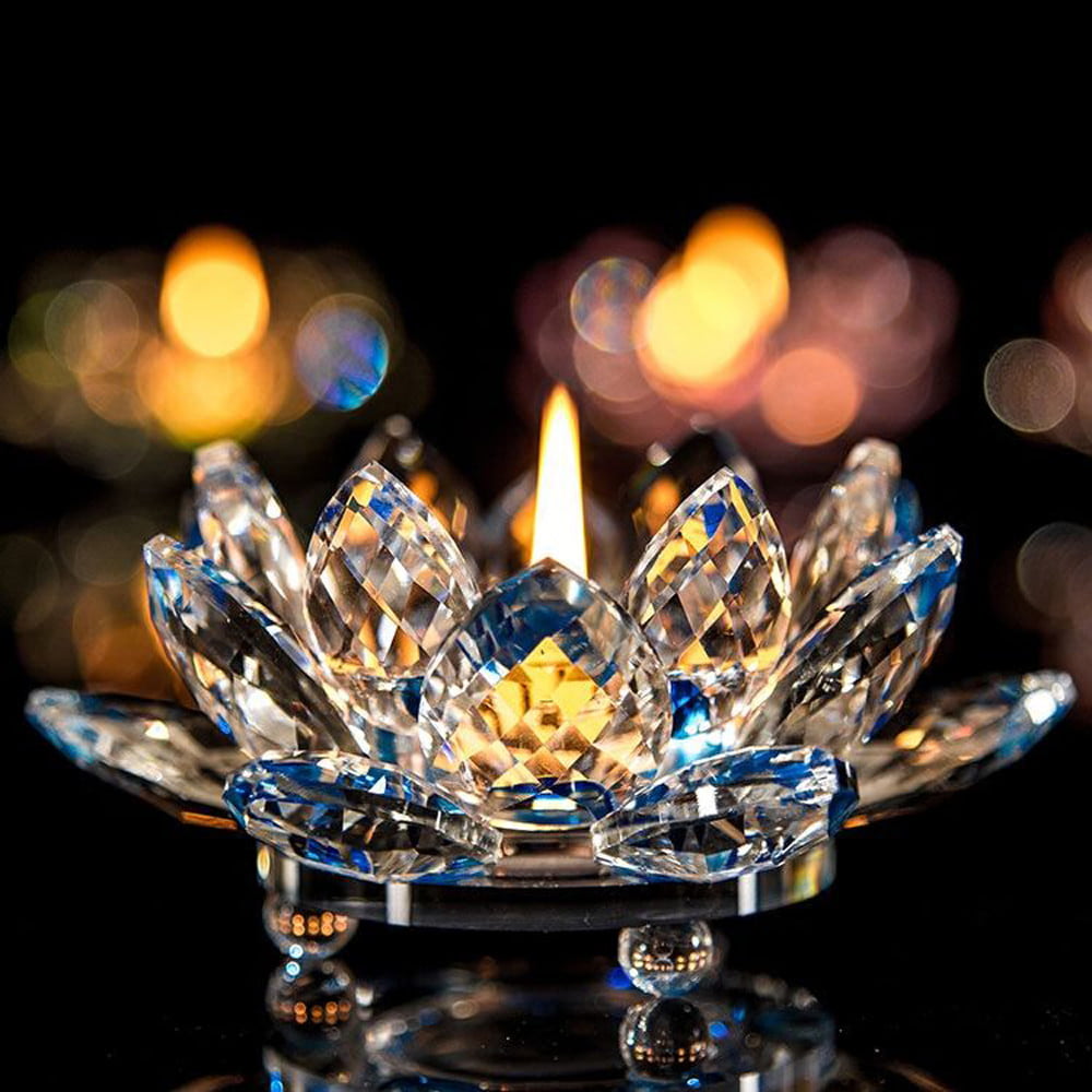 Candleholder Crystal Glass Lotus Flower Candle Light Holder Buddhist Candlestick 