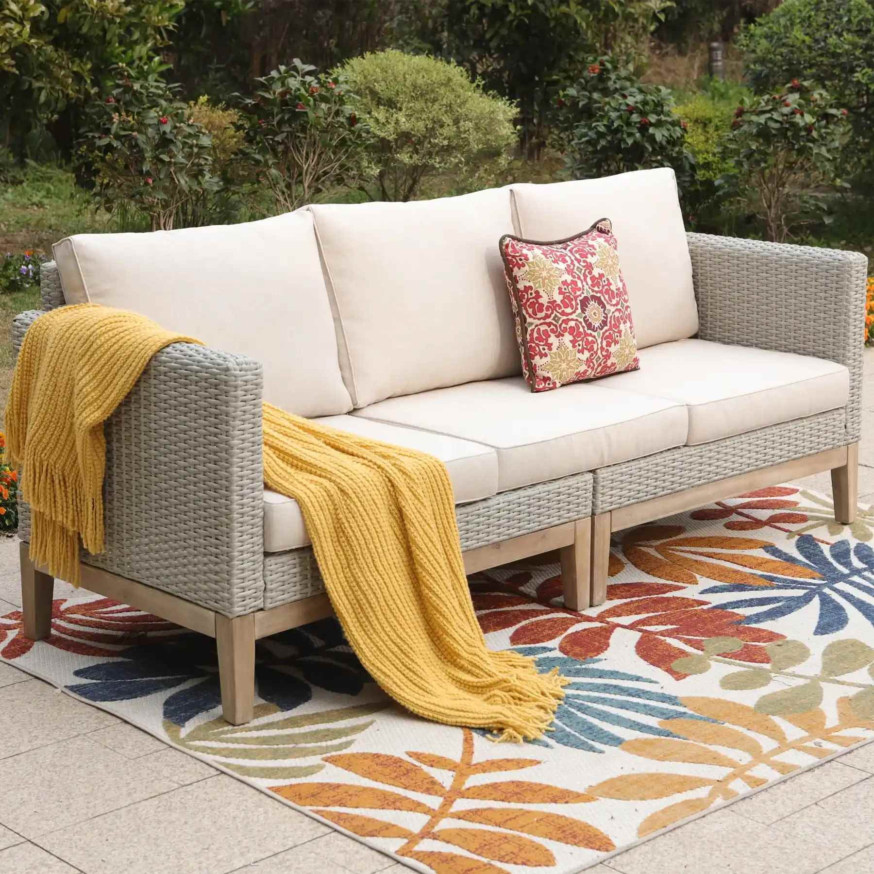 MF Studio 5 Pieces Outdoor Patio Conversation Set Wicker Furniture Sectional Sofa Set with Solid Acacia Wood Frame Beige