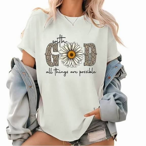 Womens "With God All Things Are Possible" Religious - Inspired Graphic Tees Inspirational Print T - shirts With Floral And Text Design Comfortable Short Sleeve Casual Daily Wear Tops