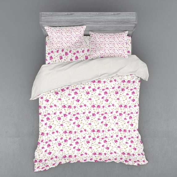 Ambesonne Vintage Bedding Set 4 Pcs, Girly Curly Stems, Queen, Pink Reseda Green