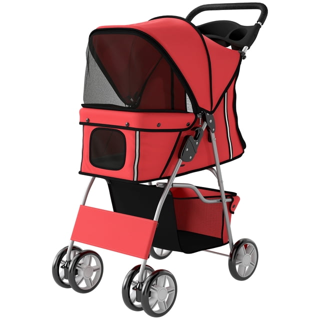 CoSoTower Pet Stroller with Reflective Strips, Foldable Cat Stroller with 360° Swivel Wheels for Small Dogs and Cats, Red