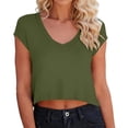 thumbnail image 2 of Htigea Cropped T-Shirts for Women Short Sleeve V Neck Basic Tees Soft Comfy Summer Daily Tops Green L, 2 of 6