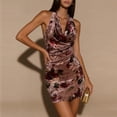 thumbnail image 4 of Women's Floral Velvet Halter Sleeveless Mini Dress – Cowl Neck, Ruched Bust, Open Back, Elegant Sexy Cocktail Dress Multicolor，S, 4 of 6