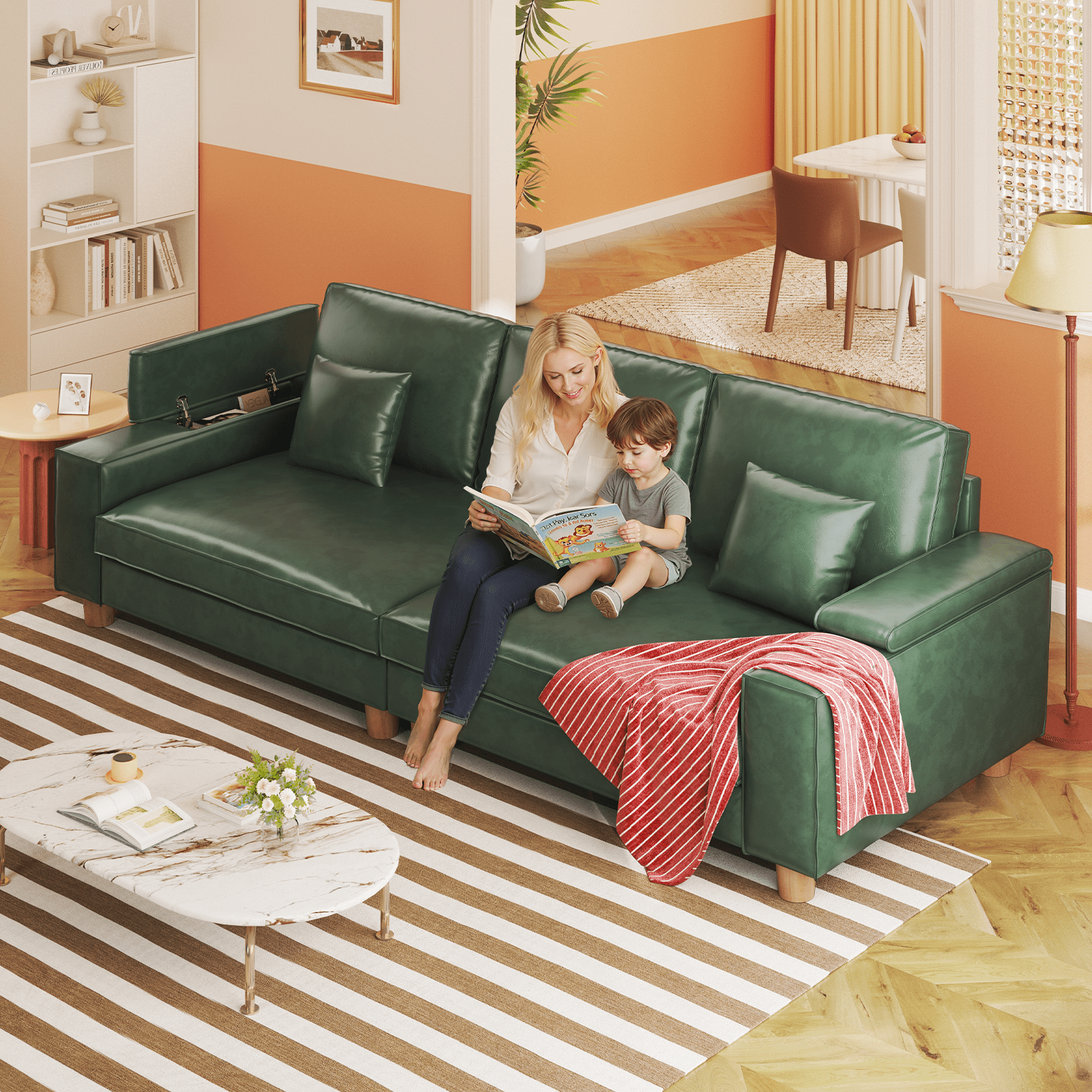 101" Large PU Leather Sofa Couch, Spring Cushion Modern Couch with 24" Extra Deep Seat, Wide Storage Armchair, Comfy Upholstered Oversized Loveseat (Includes 2 Pillows) for Living Room, Office, Green