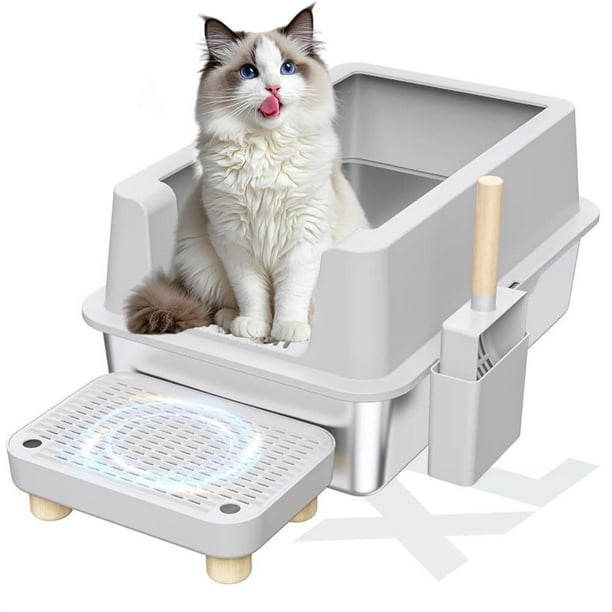Arenero para Gato de Acero Inoxidable con Tapa - Caja de Arena Arenero X-Grande, Caja de Arena Autolimpiable con Pala y Filtro Antifugas, para Gatos Grandes, 60x40x30CM, Diseño Espacioso, Gris