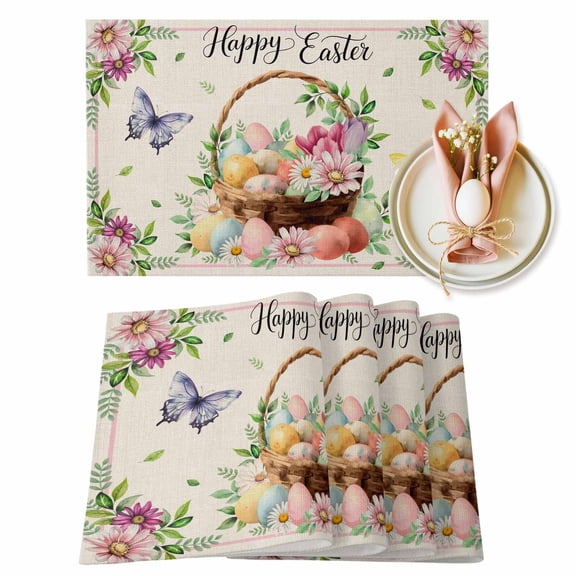 Happy Easter Placemats Set of 6, Color Egg Daisy Flower Basket Green Leaf Butterflies Vintage Heat Insulated Linen Place Mats, Washable Stain-Proof Table Mats for Dining Table Holiday 13x19 Inch
