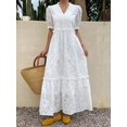 thumbnail image 5 of Ivory White Hollow Out Embroidery Tiered Puff Sleeve Maxi Dress, 5 of 17