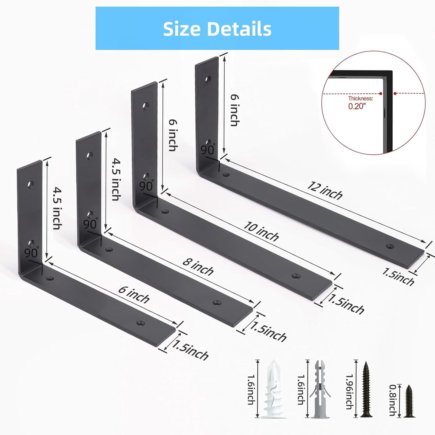 Shelf Bracket, Heavy Duty Floating Shelf Brackets 8-Inch Long, 6-Pack Brackets for Shelves, Matte White Coated L Shape Metal Wall Shelf Support Brackets with 1/5 Inch Thick and 160 lb. Load Capacity