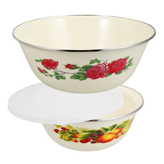 2 Sets Enamel Bowl with Lid Enamelware Washing Basin Mixing Egg Container Office Colorful