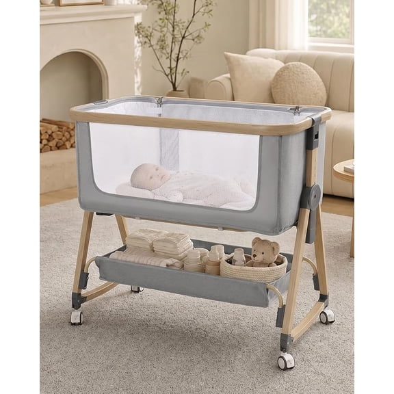 PRVAETU 4 in 1 Baby Bassinet, Bedside Sleeper, Height Adjustable, Breathable Mesh & Storage Basket for Newborns & Infants, Boys & Girls,Grey
