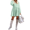 thumbnail image 2 of FANCYINN Long Sleeve Shift Tunic Dress Ruffle Swing Babydoll Juniors Mini Tiered Dress with Pockets Light Green XS, 2 of 5