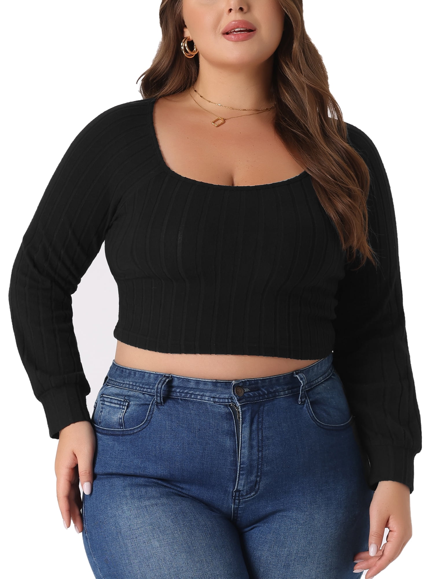Unique Bargains Women's Plus Size Blouse Square Neck Long Sleeve Cropped Tops 4X Black