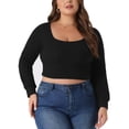 thumbnail image 2 of Unique Bargains Women's Plus Size Blouse Square Neck Long Sleeve Cropped Tops 1X Black, 2 of 6