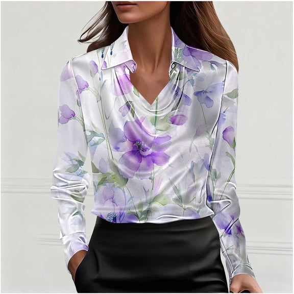 Qulqfy Womens Silk Blouses Dressy Satin Cowl Neck Plus Size Multicolor Blouse Long Sleeve Floral Shirt Tops Women L