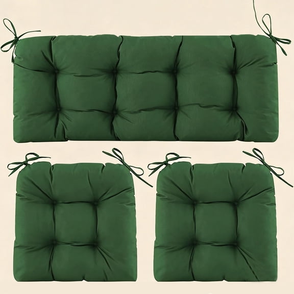 Wicker Chair Cushions of 3 Pieces, Waterproof Cushions for Patio Furniture, Tufted Wicker Outdoor Furniture Cushions, 1 Patio Loveseat Cushion and 2 U-Shaped Cushions, 44"x19"x5", Dark Green