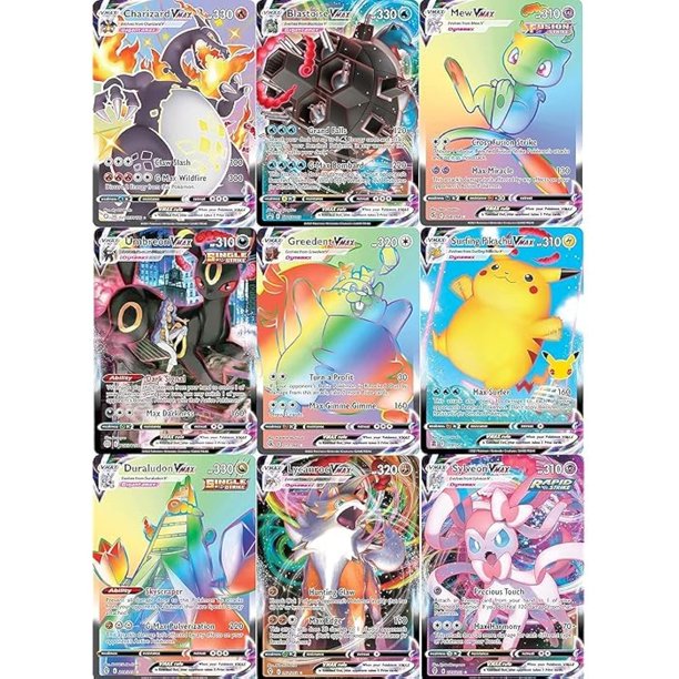 Paquete de cartas Pokémon: 3 cartas VMAX y 1 arcoíris secreto y raro