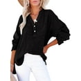 thumbnail image 2 of Womens Casual Button V Neck Long Sleeve Shirts Oversized Solid Blouses Tops Black M, 2 of 7