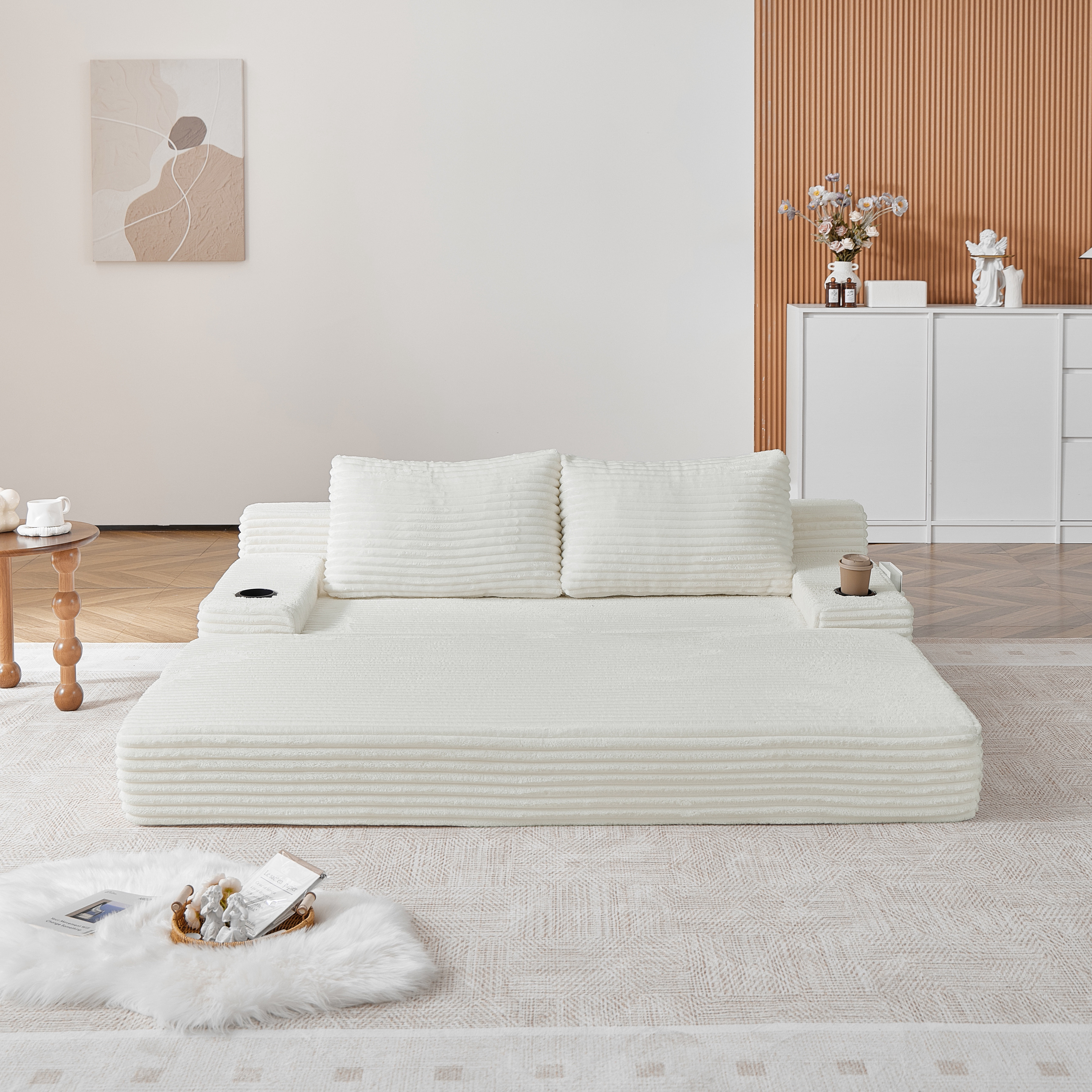 Leumius Futon Sofa Bed,Convertible Corduroy Boneless Couch with Cup Holders & Pocket,2-in-1 Foldable Sleeper Sofa for Living Room, Small Spaces, Bedroom, No Assembly,Beige