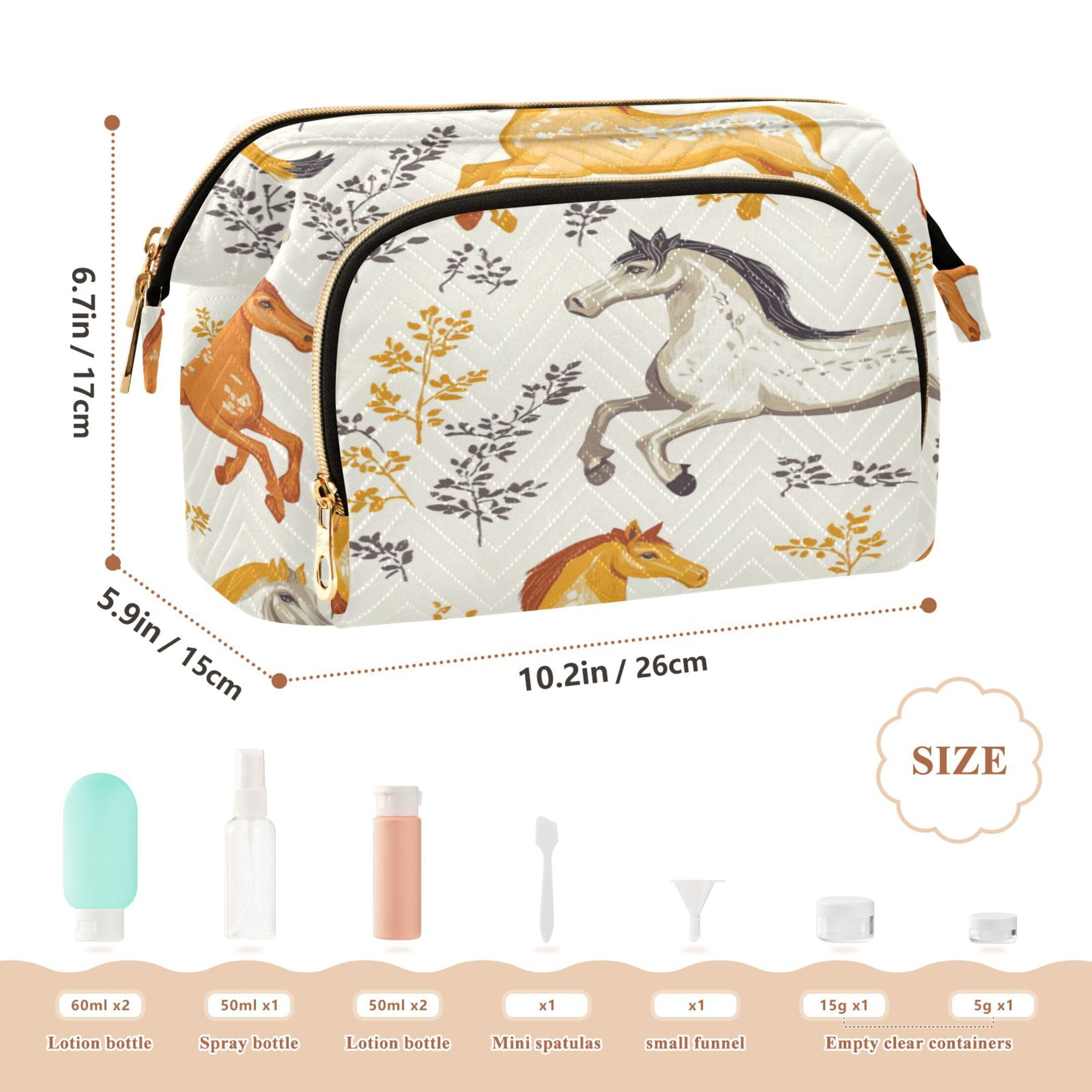 Wavy Quilted Cosmetic Bag Large-Capacity Travel Toiletry Organizer Includes 9-Piece Portable Travel Bottle Set Horse with Leaves