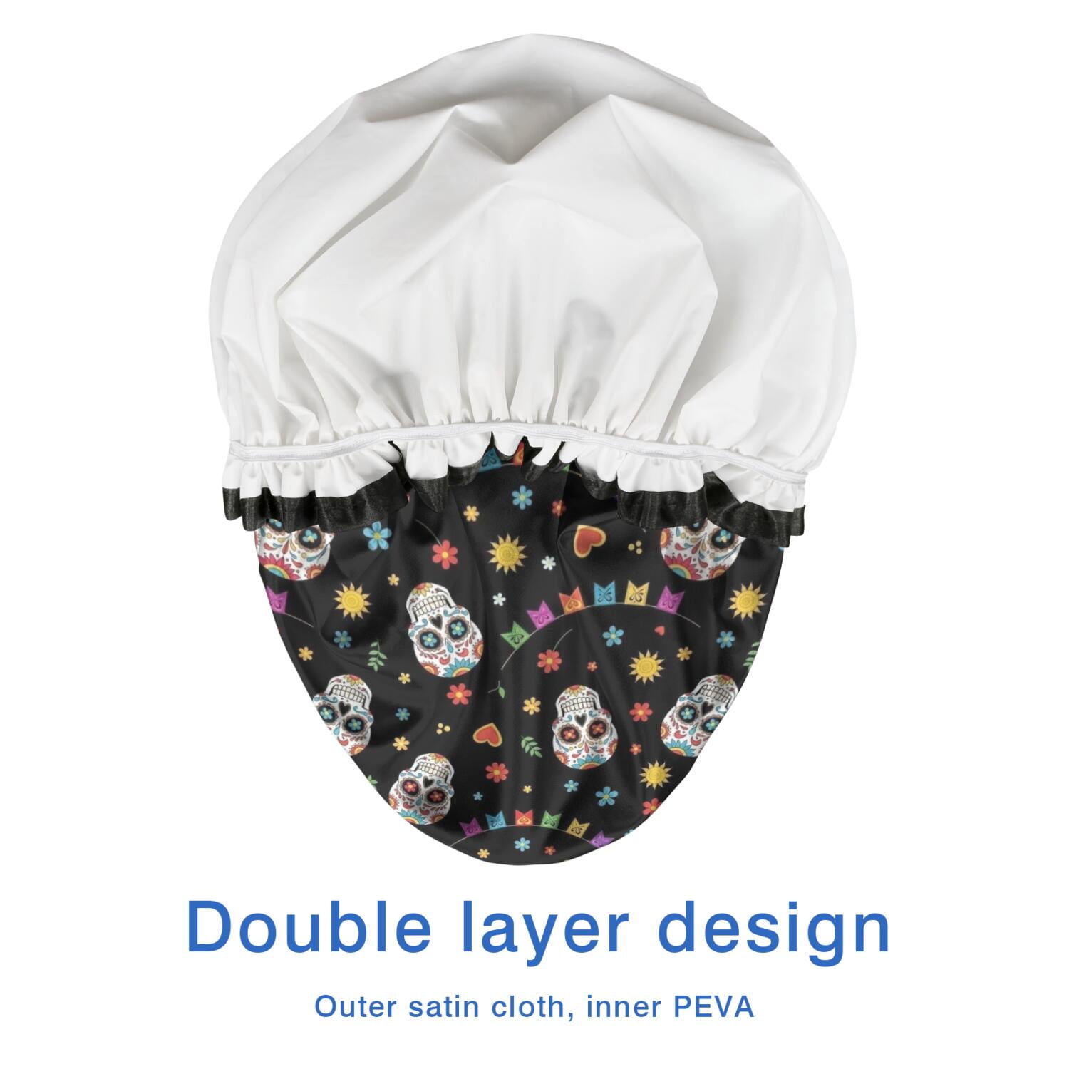 Shower Caps,Black Festive Skull Pattern Waterproof Shower Cap for Women 4 Pieces,Double Reusable Hair Cover for Shower PEVA Elastic Stretch Hem