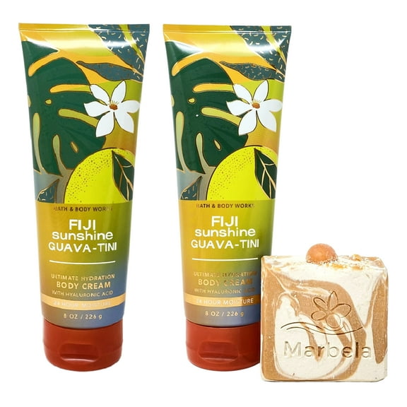 Bath & Body Works FIJI SUNSHINE GUAVA-TINI Ultimate Hydration Body Cream 2 Pack Bundle with a Marbela Peach Gardenia Bar Soap - Full Size