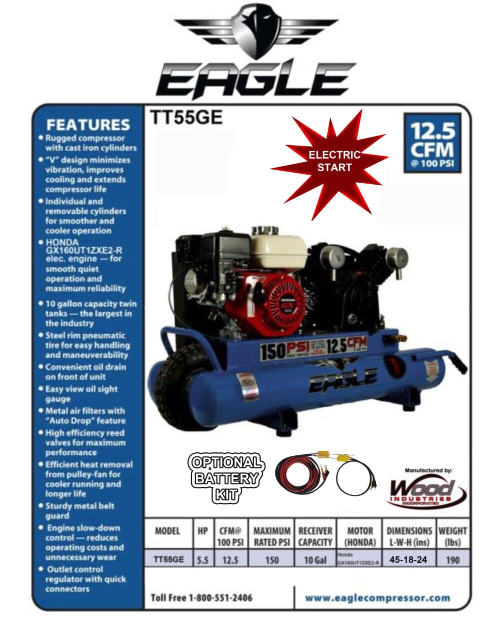 Eagle Compressor Portable Gas Wheel Barrow Air Compressor Electric Start 10 Gallon