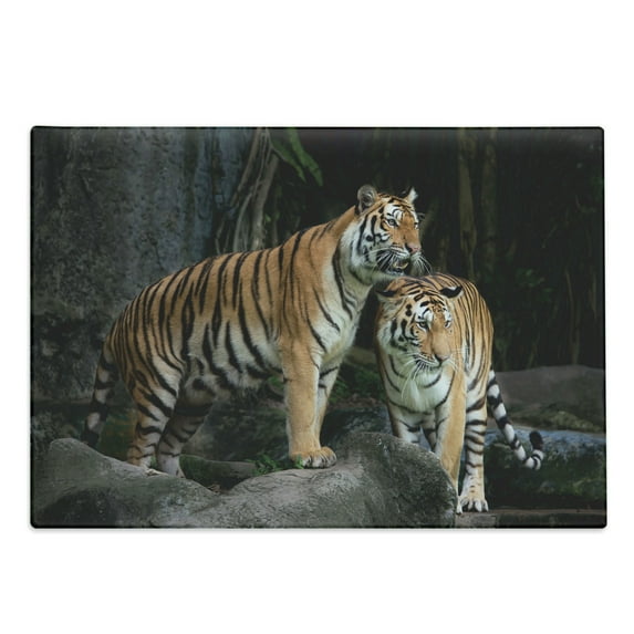 Animal Cutting Board, Tiger Couple in the Jungle on Big Rocks Image Wild Cats in Nature Image Print, Decorative Tempered Glass Cutting and Serving Board, Large Size, Grey and Ginger, by Ambesonne