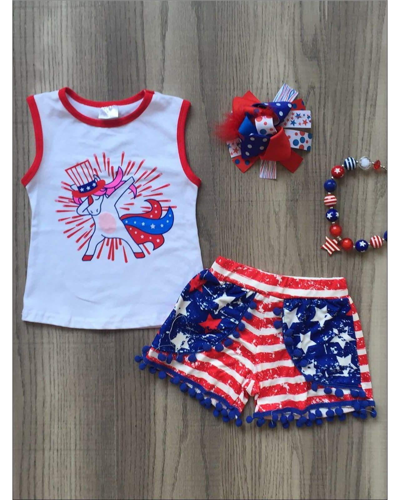 TuTu Shorts Set Baby Girl 4th of July Patriotic Outfit US Flag Print Vest Tops