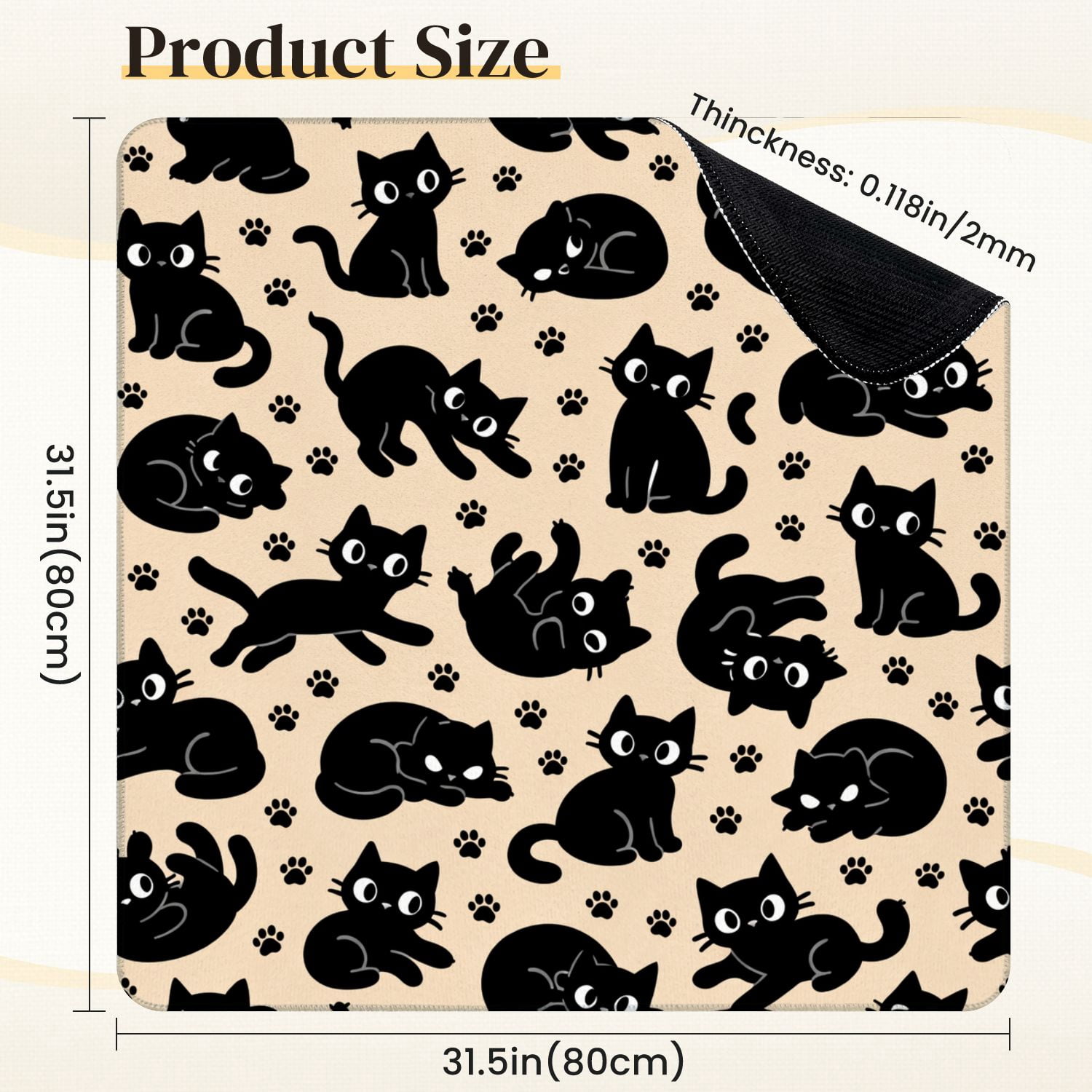 Mahjong Mat 31.5" x 31.5" Black Cat Playful Cats Paws Beige Non-Slip Noise Reduction Mahjong Tiles Table Cover for Dominoes Poker Card Board and Tile Games
