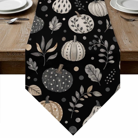 Black Brown Fall Table Runner Linen Burlap Table Runner 60 Inches Long Autumn Pumpkins Botanical Thanksgiving Dresser Scarves for Kitchen Island Coffee Dining Room Party Holiday Decoration 13"x60"